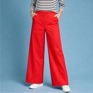Anthropologie Red Wide Leg Cuffed Pants Cotton Poplin High Rise Trouser